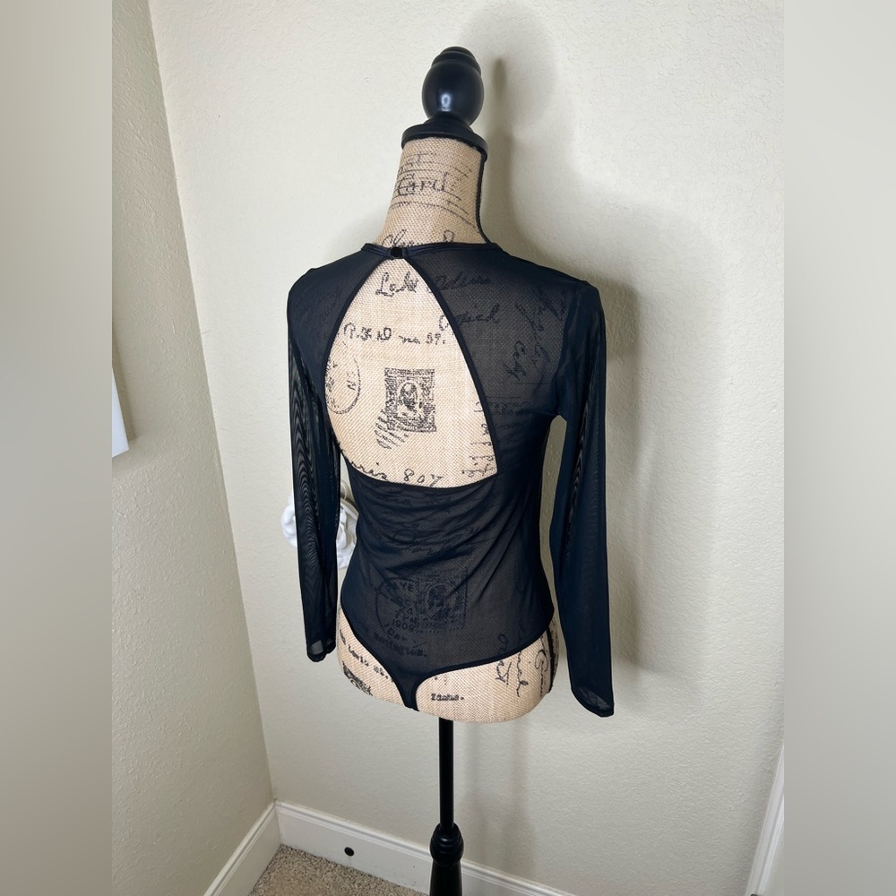 NTM: Auden Black Sheer Long Sleeve Thong Back Pullover Style Bodysuit Sz Medium - Picture 13 of 16